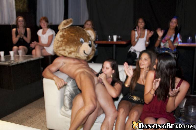 Splendid girls have fun with a dancing bear on a wild clothed party - #6