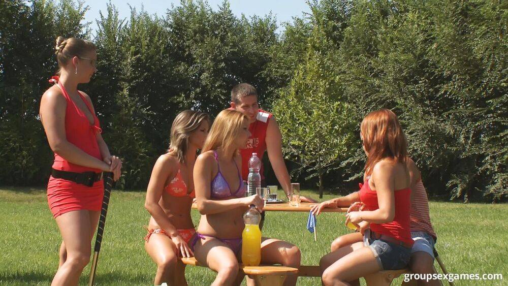 Wild amateur babes getting involved in a passionate group sex action outdoors - #11