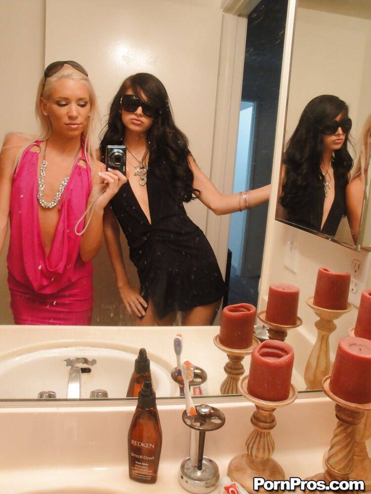 Skinny girls Kacey and Zoey showing off teenie tits while taking mirror selfie - #2