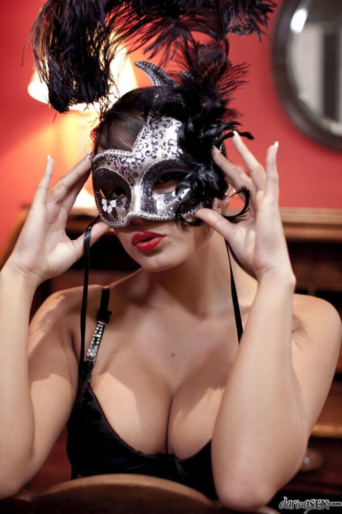 Brunette girl in her bra and underwear dons a mask to match her girlfriend - #4