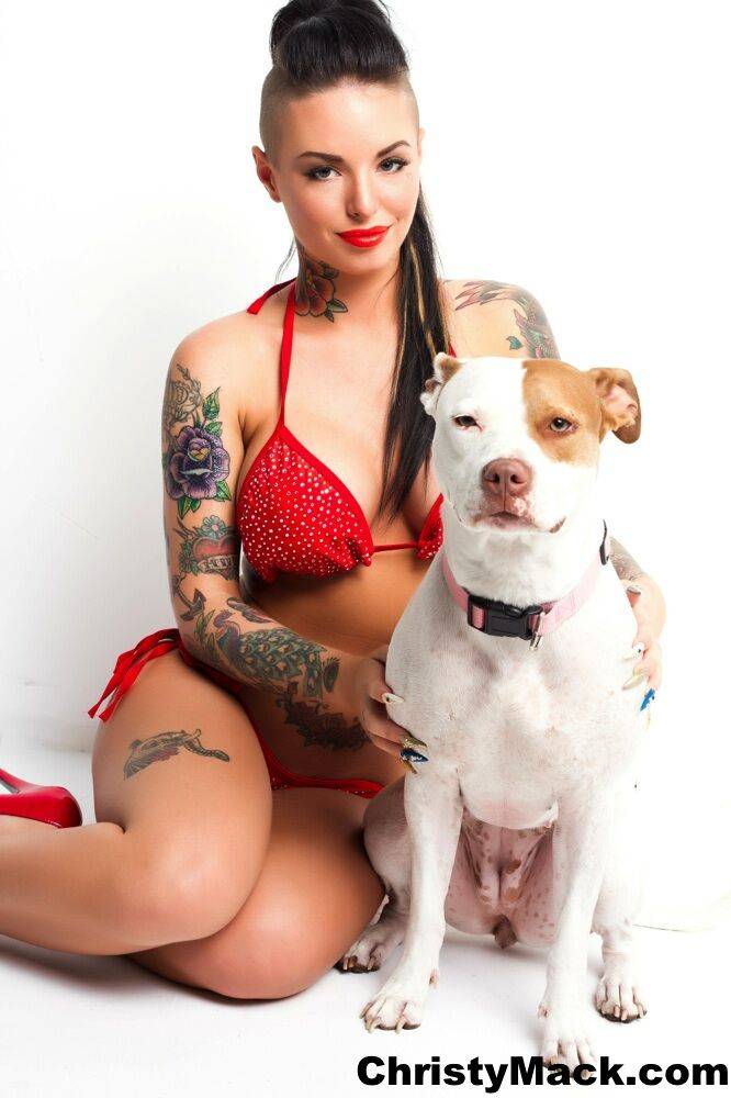 Hot tattoo model Christy Mack poses non nude in red bikini with matching heels - #12