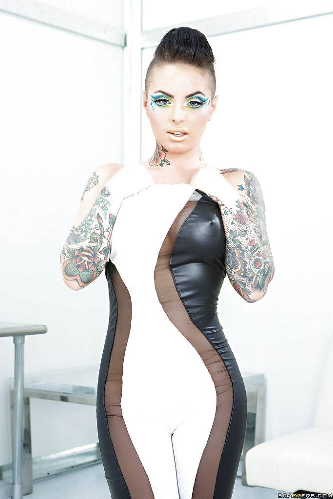 Ravishing tattooed vixen slipping off her glam dress and lingerie - #6