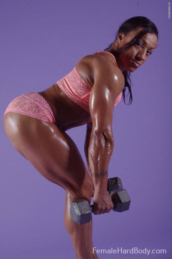 Female bodybuilder Karen Garrett flexes her muscles in lingerie - #15