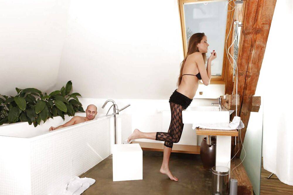 Sweet european babe in pantyhose gets her bare feet licked in the bath - #10