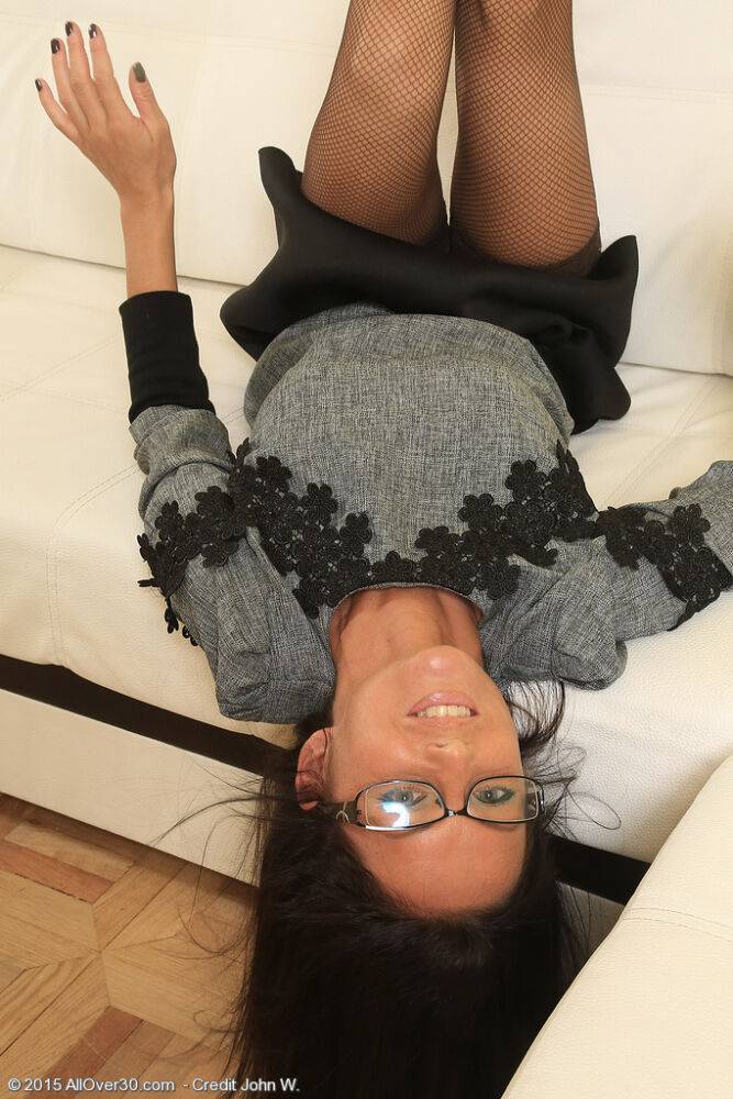 Slender MILF in glasses Barbie N fingers hot ass on her knees in stockings - #7