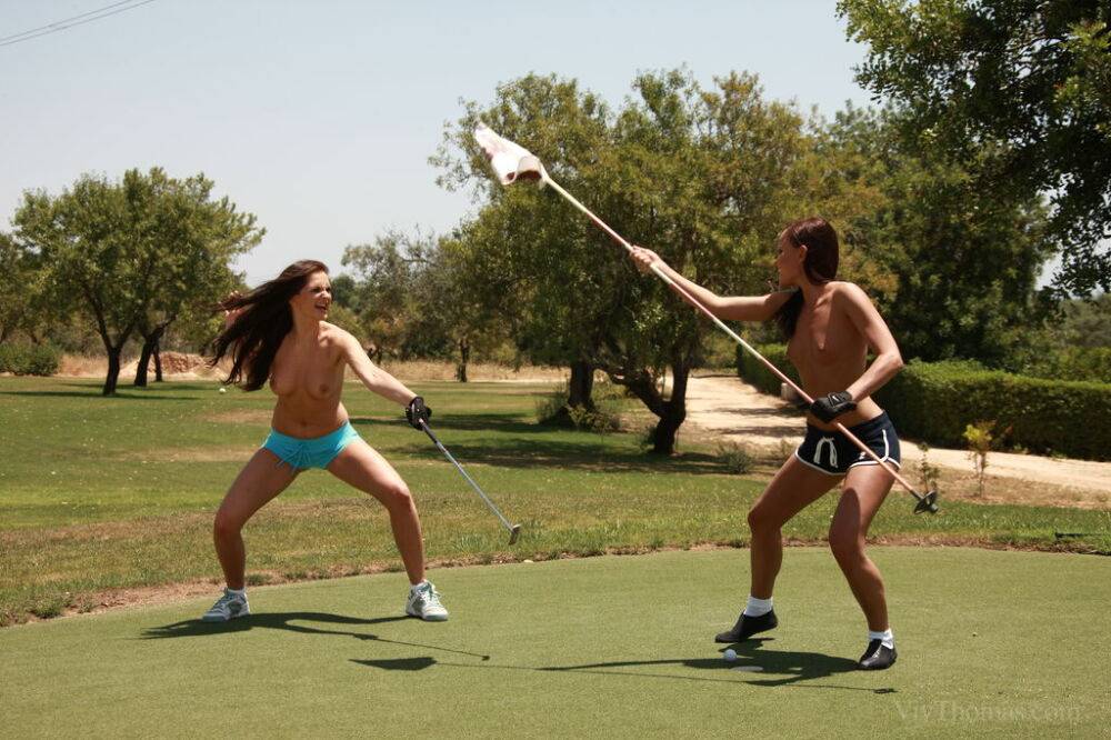 Topless girls Jo & Sandra Shine show great form during chip 'n' putt contest - #12