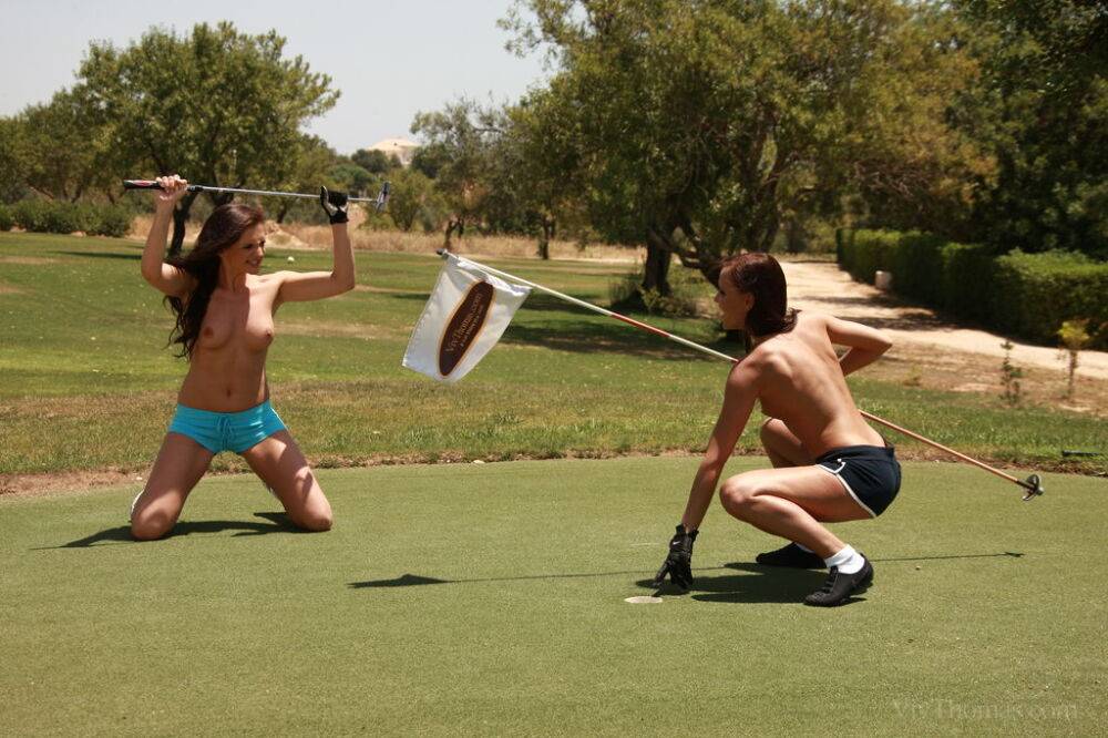 Topless girls Jo & Sandra Shine show great form during chip 'n' putt contest - #3