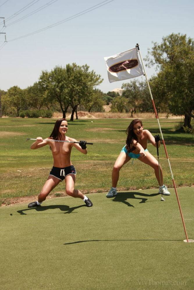 Topless girls Jo & Sandra Shine show great form during chip 'n' putt contest - #16