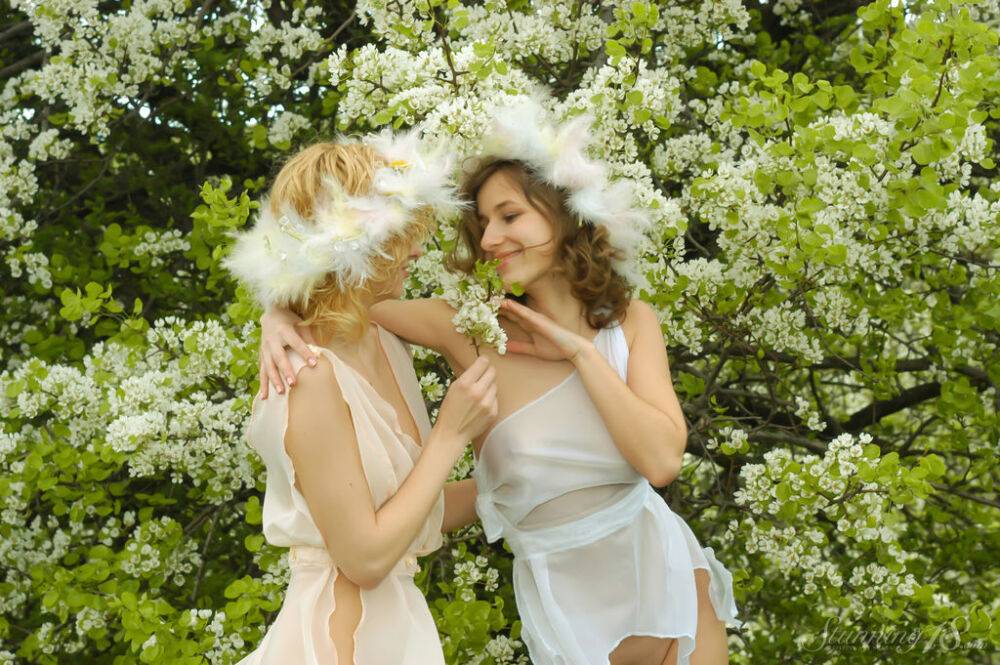 Teen lesbians Dorinda N & Electra U wear crowns of flowers while getting naked - #13