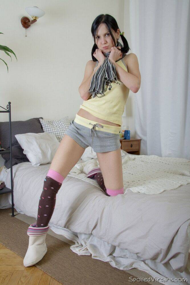 Young girl Alice loses her virginity in a painful manner in OTK socks - #12