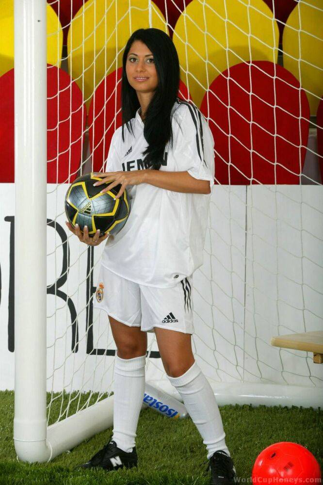 Football playing girl with dark hair Radka N strips to socks and cleats in net - #4