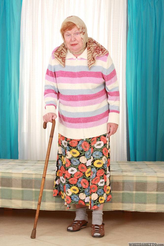 Fat old granny Alice with cane posing fully clothed in long skirt and socks - #5