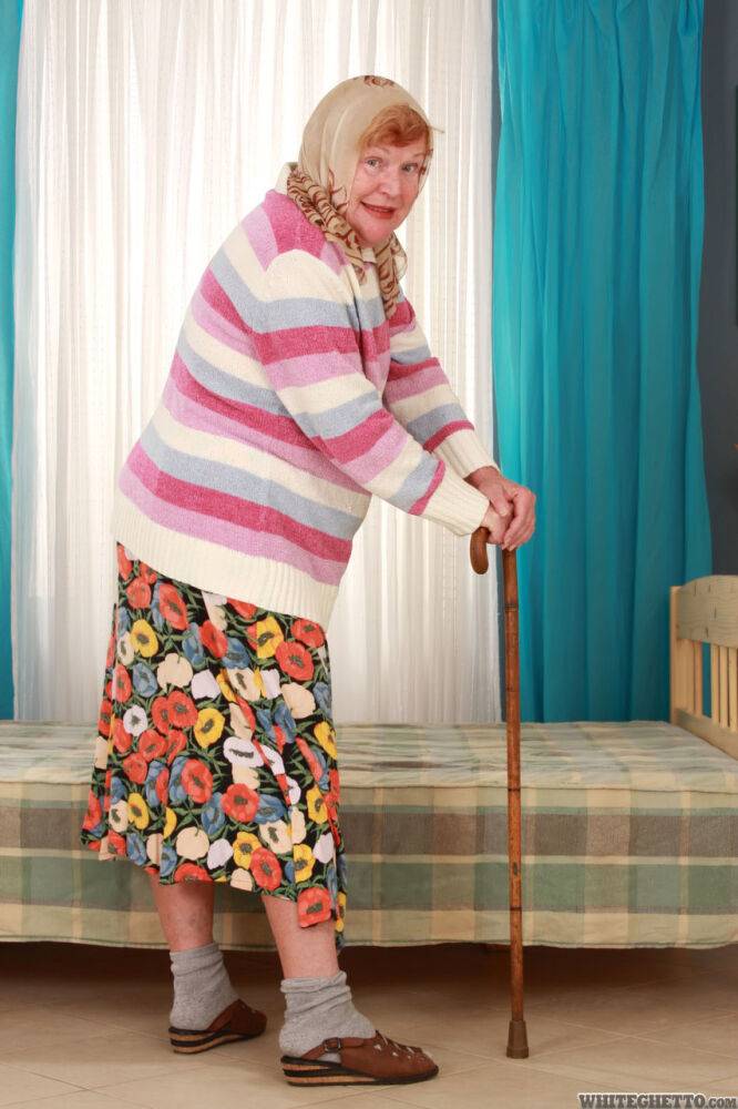 Fat old granny Alice with cane posing fully clothed in long skirt and socks - #12