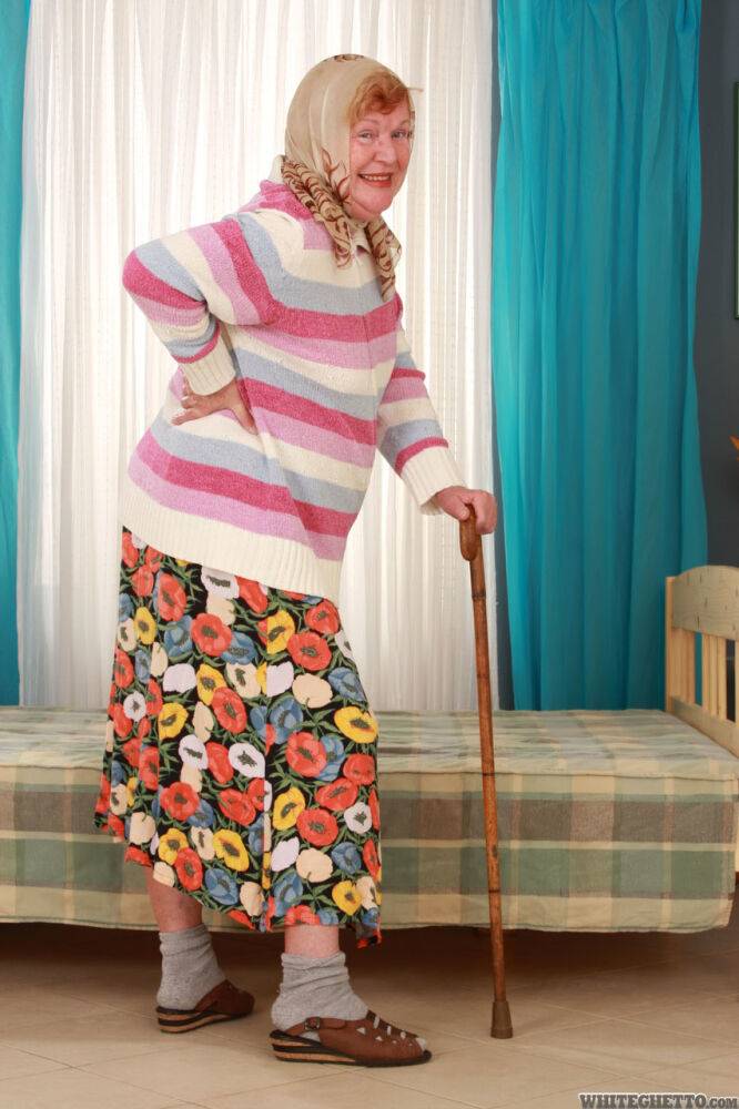 Fat old granny Alice with cane posing fully clothed in long skirt and socks - #8