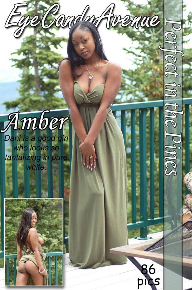 Ebony amateur Amber releases her big tits from a long dress on a balcony - #16