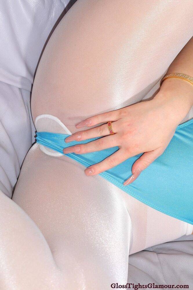 Amber wearing a blue leotard and white glossy tights sans panties is ready for - #6
