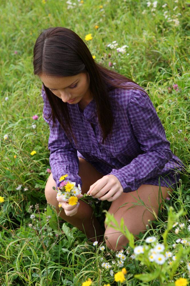 Young girl gets totally naked while picking flowers in a rural field - #6