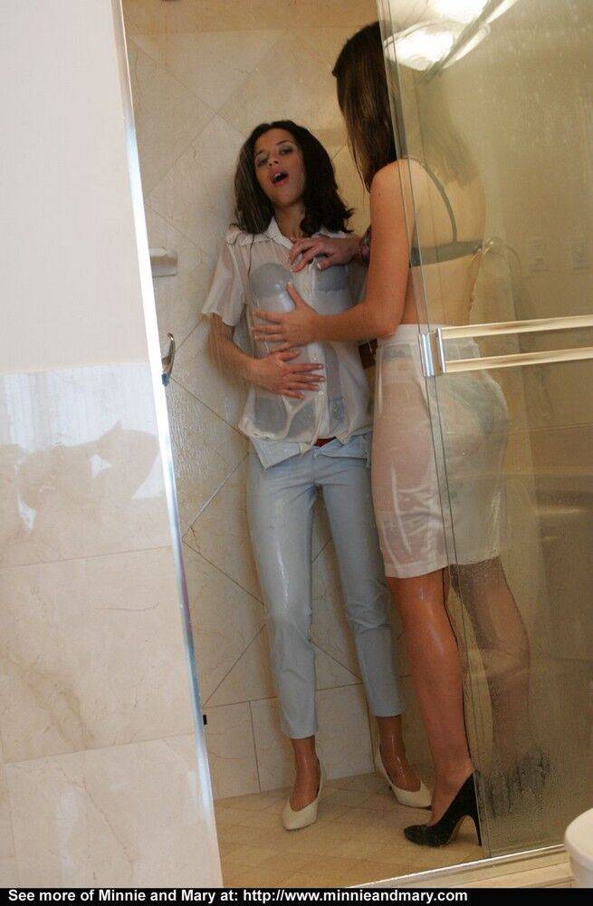 Amateur lesbian girls in shower stripping to hot underwear & stockings - #11