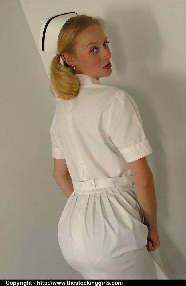 Blonde nurse sports red lips while getting naked in backseam nylons - #11