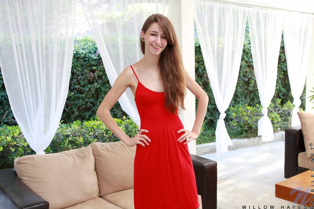 Slim college girl Willow Hayes peels off red dress to model naked in stockings - #3