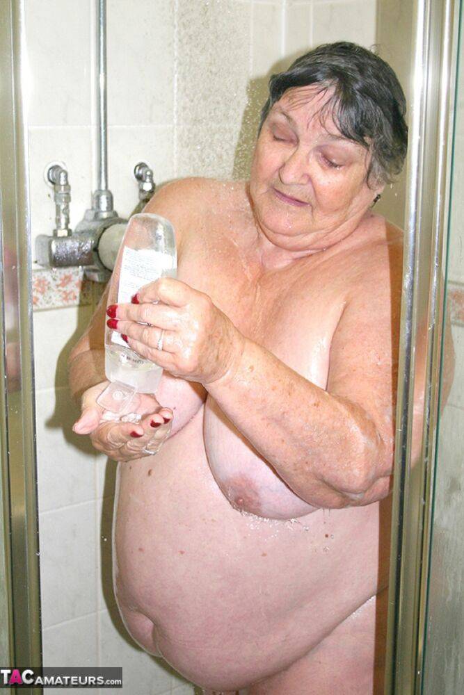 Obese granny Grandma Libby fondles her naked body while taking a shower - #13