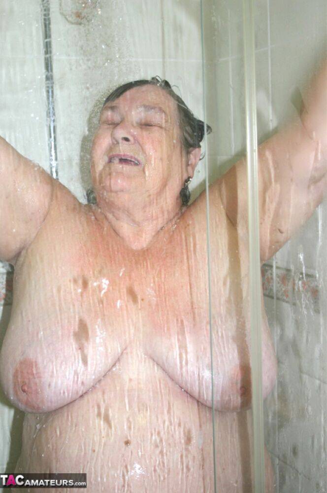 Obese granny Grandma Libby fondles her naked body while taking a shower - #7