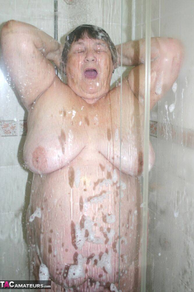 Obese granny Grandma Libby fondles her naked body while taking a shower - #10