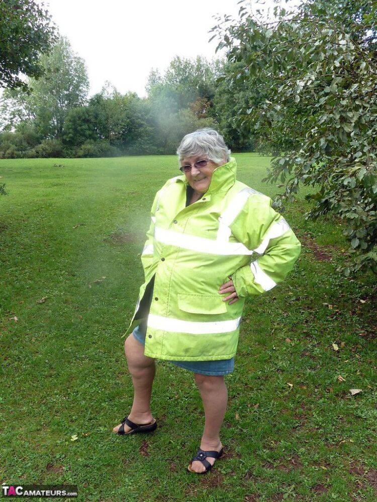 Fat British woman Grandma Libby exposes herself by a tree in a park - #8