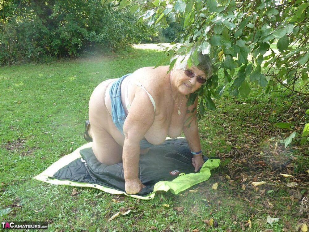 Fat British woman Grandma Libby exposes herself by a tree in a park - #15