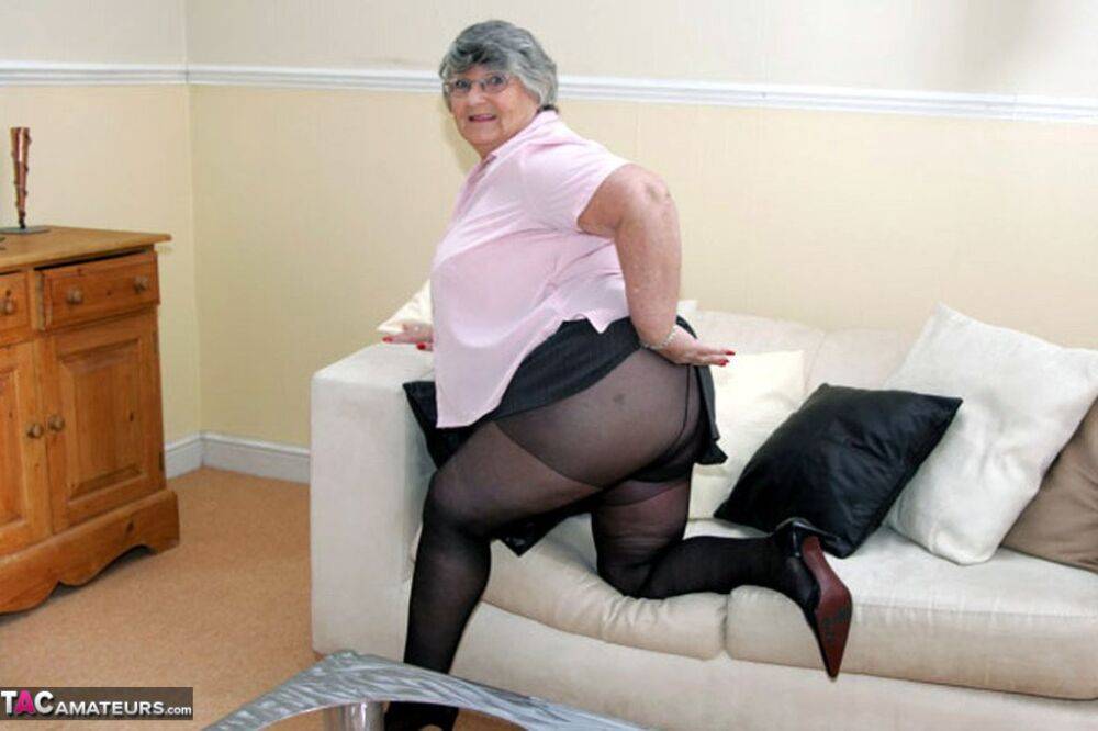 Obese granny Grandma Libby gets completely naked on a leather chesterfield - #15