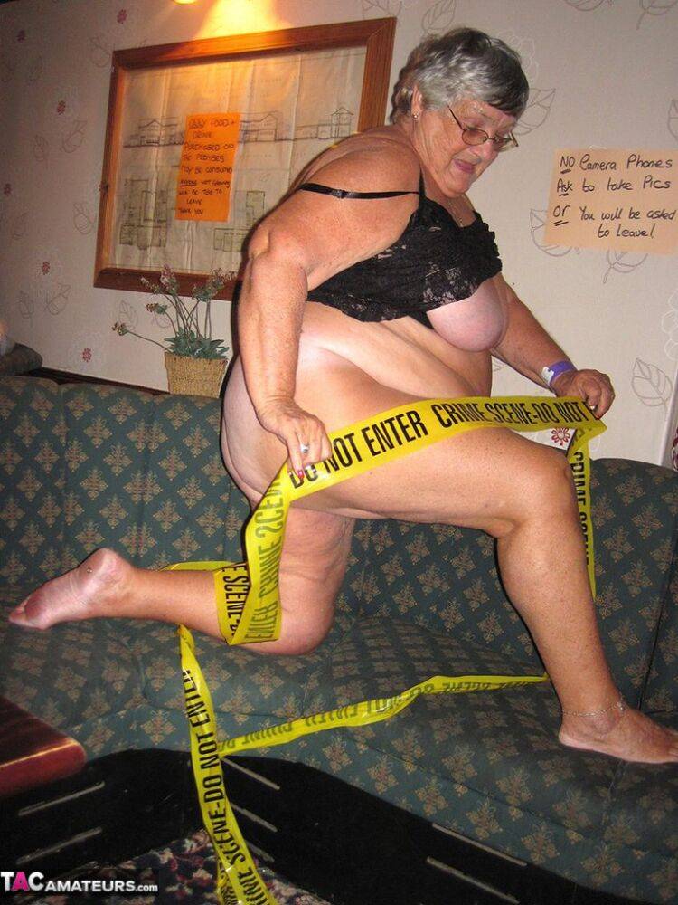 Obese granny Grandma Libby wraps her mostly naked body in crime scene tape - #6