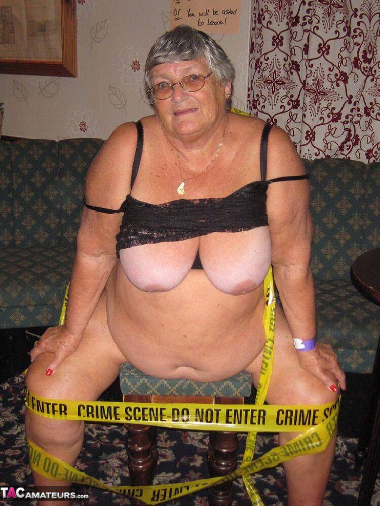 Obese granny Grandma Libby wraps her mostly naked body in crime scene tape - #12