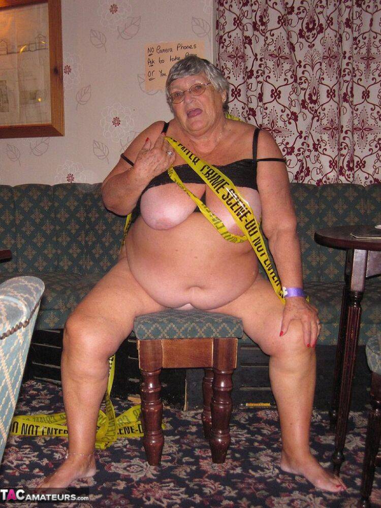 Obese granny Grandma Libby wraps her mostly naked body in crime scene tape - #2