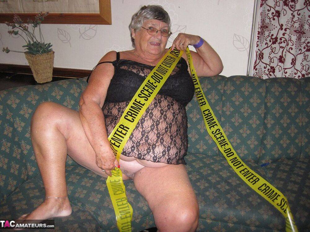 Obese granny Grandma Libby wraps her mostly naked body in crime scene tape - #10