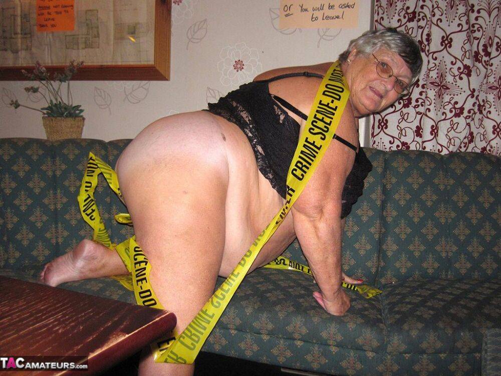Obese granny Grandma Libby wraps her mostly naked body in crime scene tape - #15
