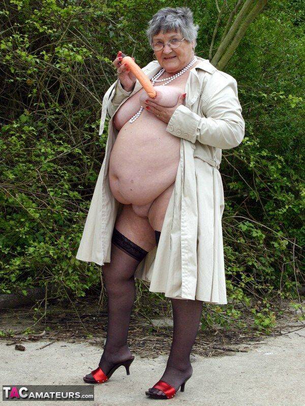Fat nan Grandma Libby flashes by the trees in an overcoat before masturbating - #13