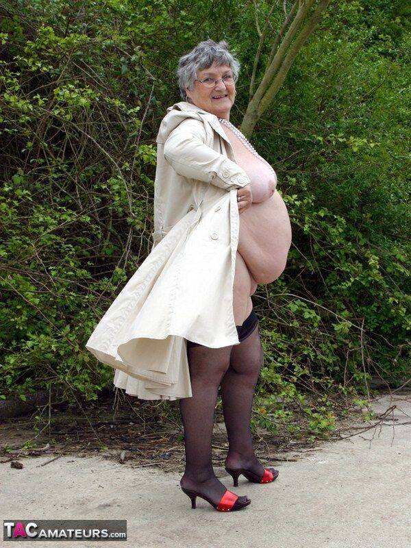 Fat nan Grandma Libby flashes by the trees in an overcoat before masturbating - #5