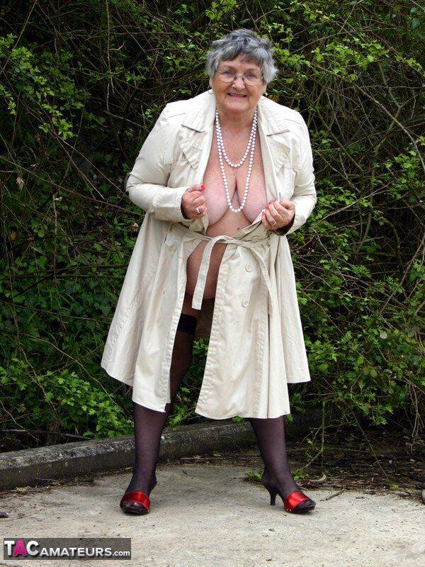 Fat nan Grandma Libby flashes by the trees in an overcoat before masturbating - #4