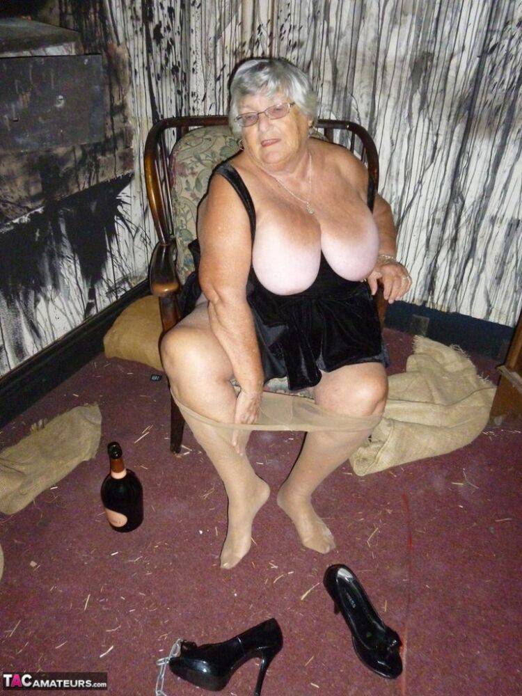 Old woman Grandma Libby sticks an empty bottle of booze in her vagina - #16