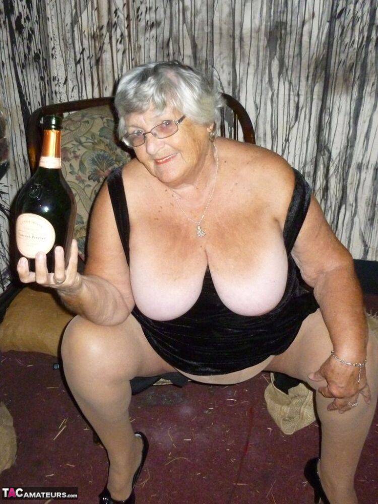 Old woman Grandma Libby sticks an empty bottle of booze in her vagina - #6