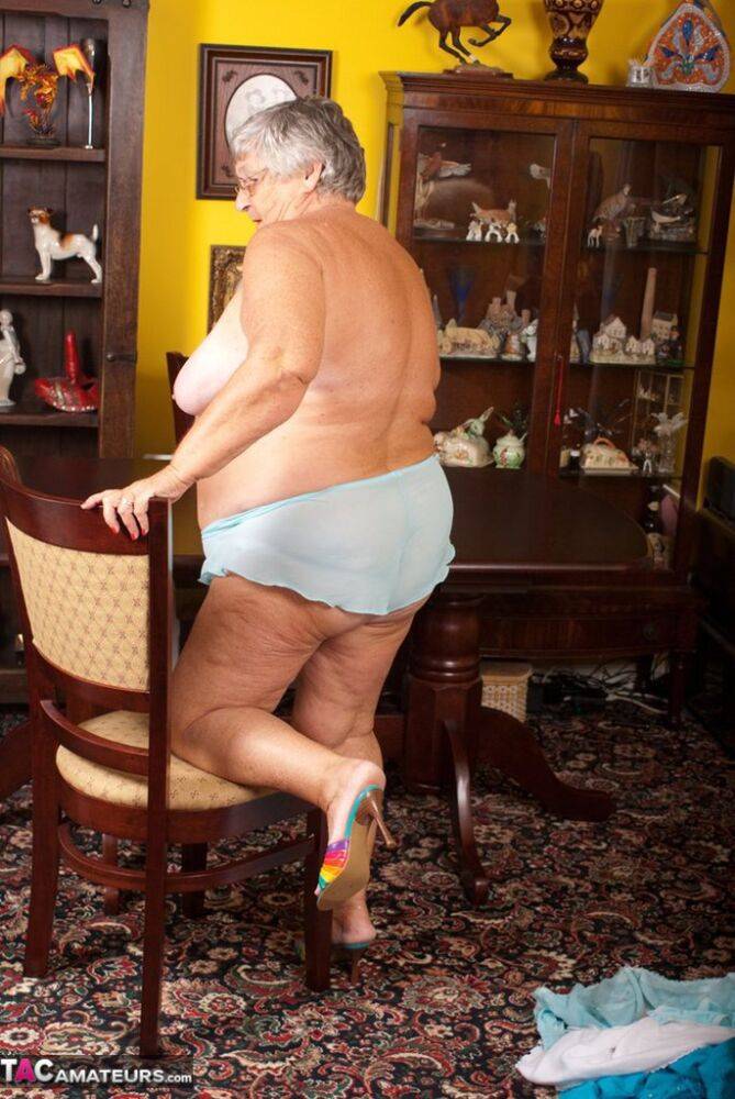 Obese UK lady Grandma Libby completely disrobes on a dining chair - #5