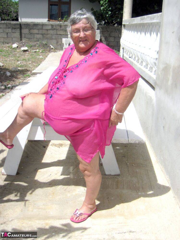 Old lady Grandma Libby exposes her morbidly obese body on a picnic table - #5