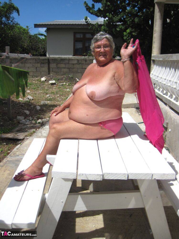 Old lady Grandma Libby exposes her morbidly obese body on a picnic table - #10