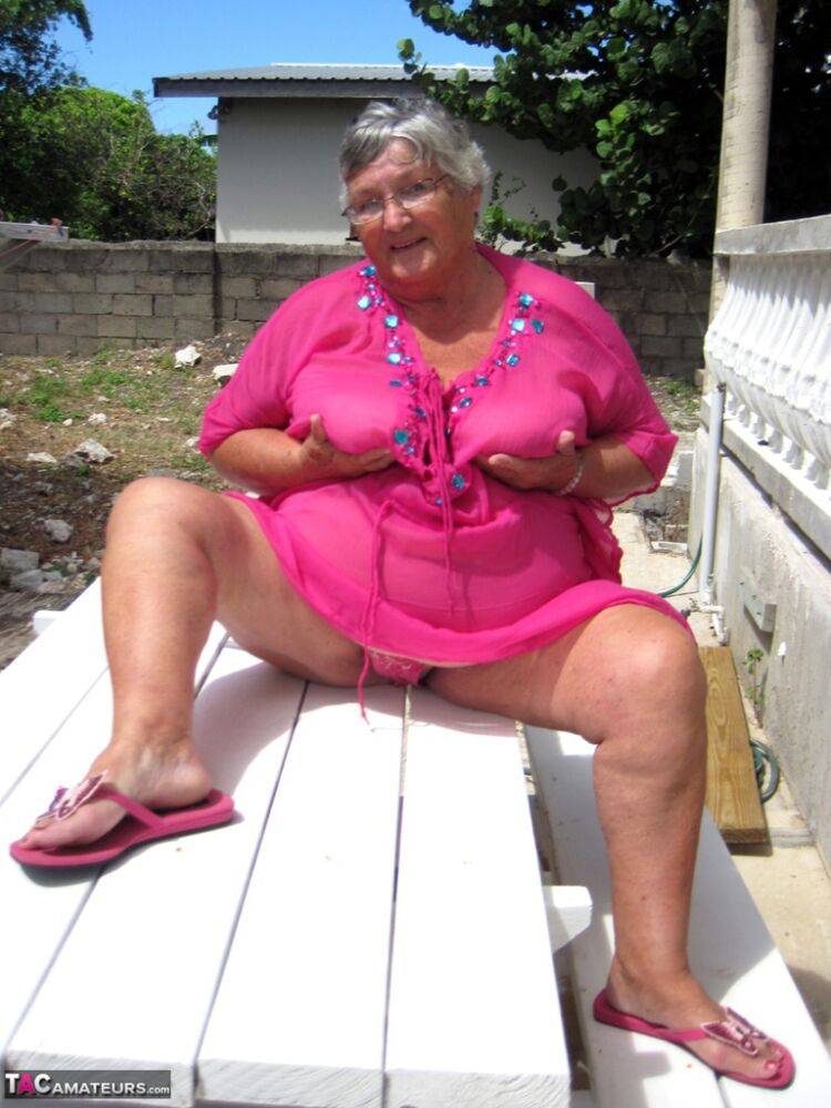 Old lady Grandma Libby exposes her morbidly obese body on a picnic table - #6