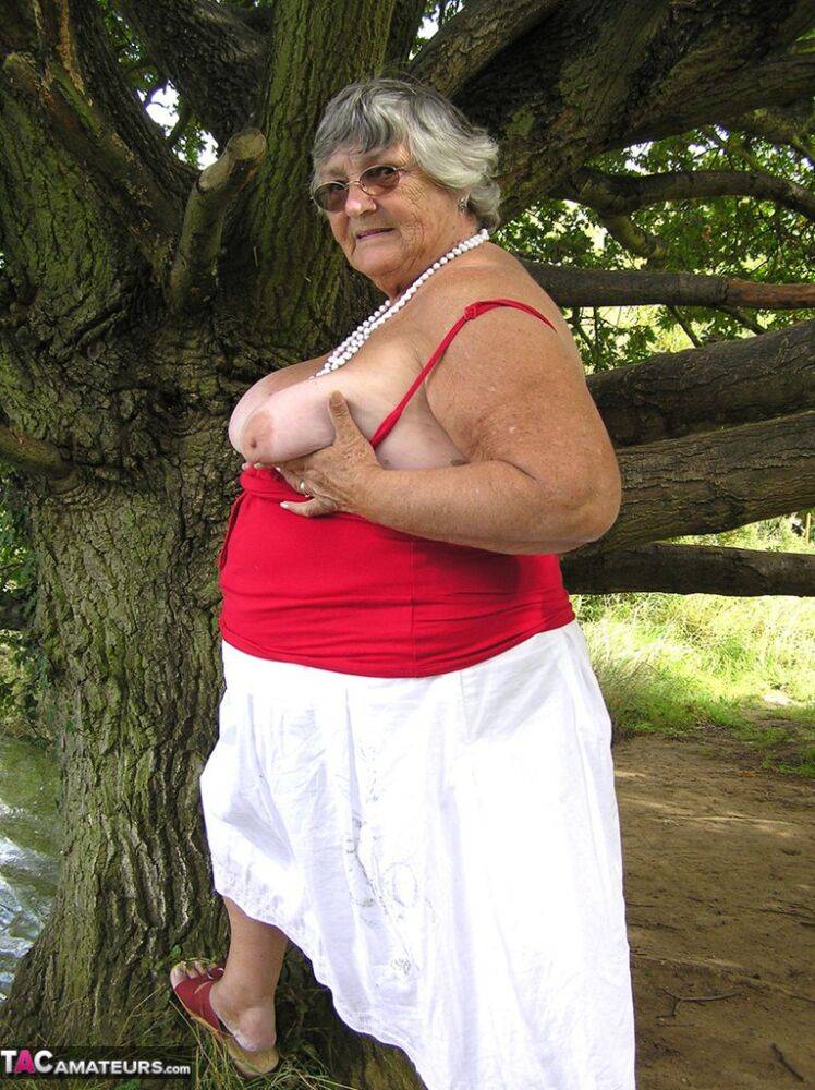 Obese amateur Grandma Libby exposes her boobs on a public walking trail - #11