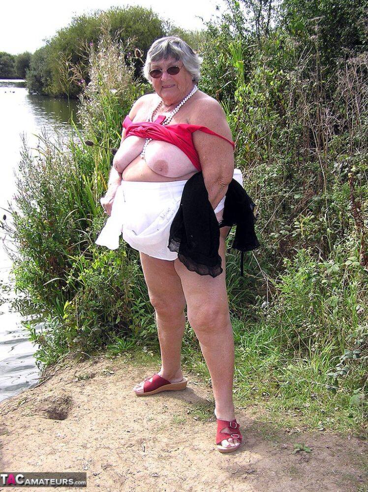 Obese amateur Grandma Libby exposes her boobs on a public walking trail - #13