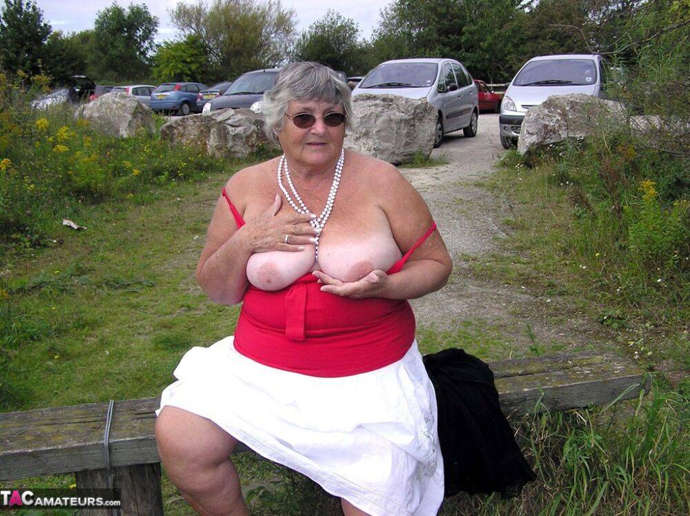 Obese amateur Grandma Libby exposes her boobs on a public walking trail - #15