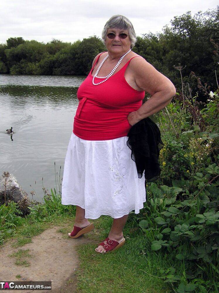 Obese amateur Grandma Libby exposes her boobs on a public walking trail - #5