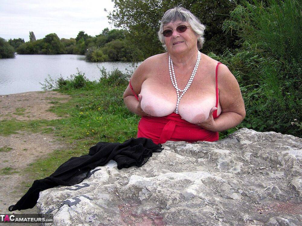 Obese amateur Grandma Libby exposes her boobs on a public walking trail - #14