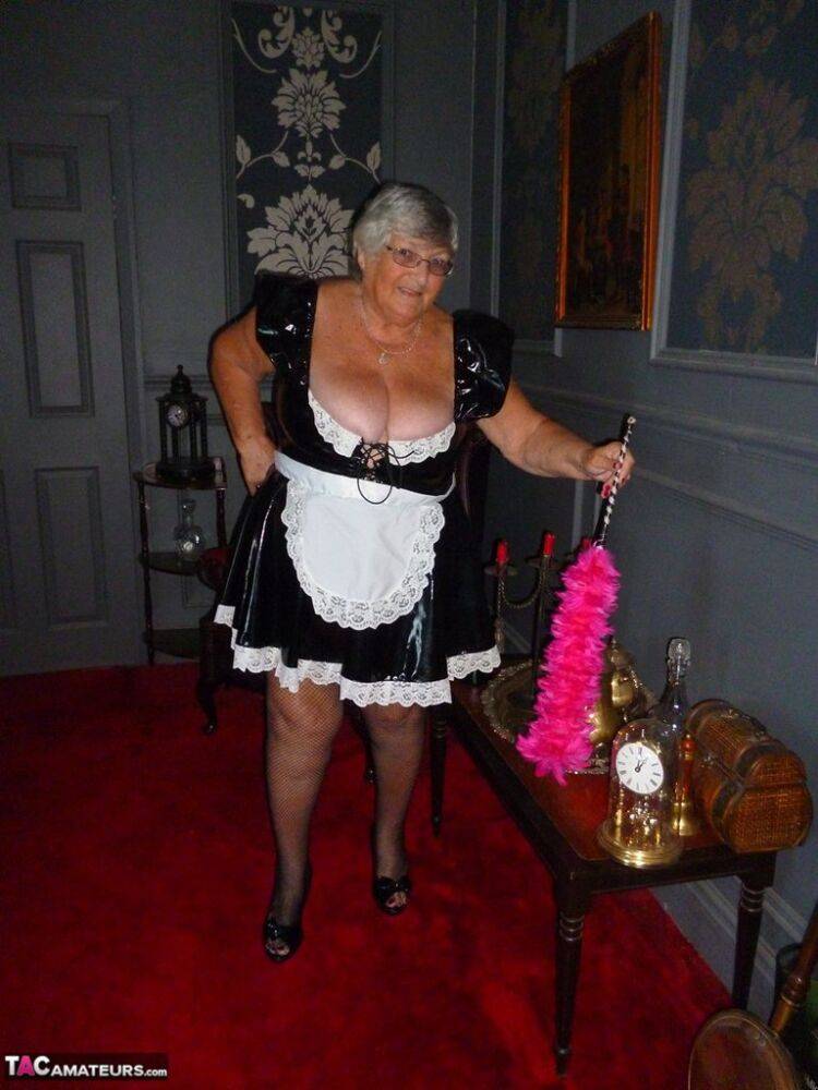 Fat old maid Grandma Libby doffs her uniform to pose nude in stockings - #13